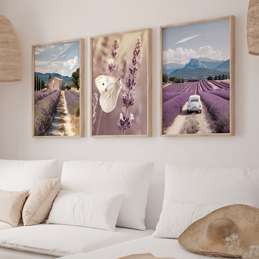 Lavender Oil - ラベンダープロヴァンス 3 個キャンバス壁画蝶車の風景ボヘミアンリビングルーム寝室モダンな花の家の装飾